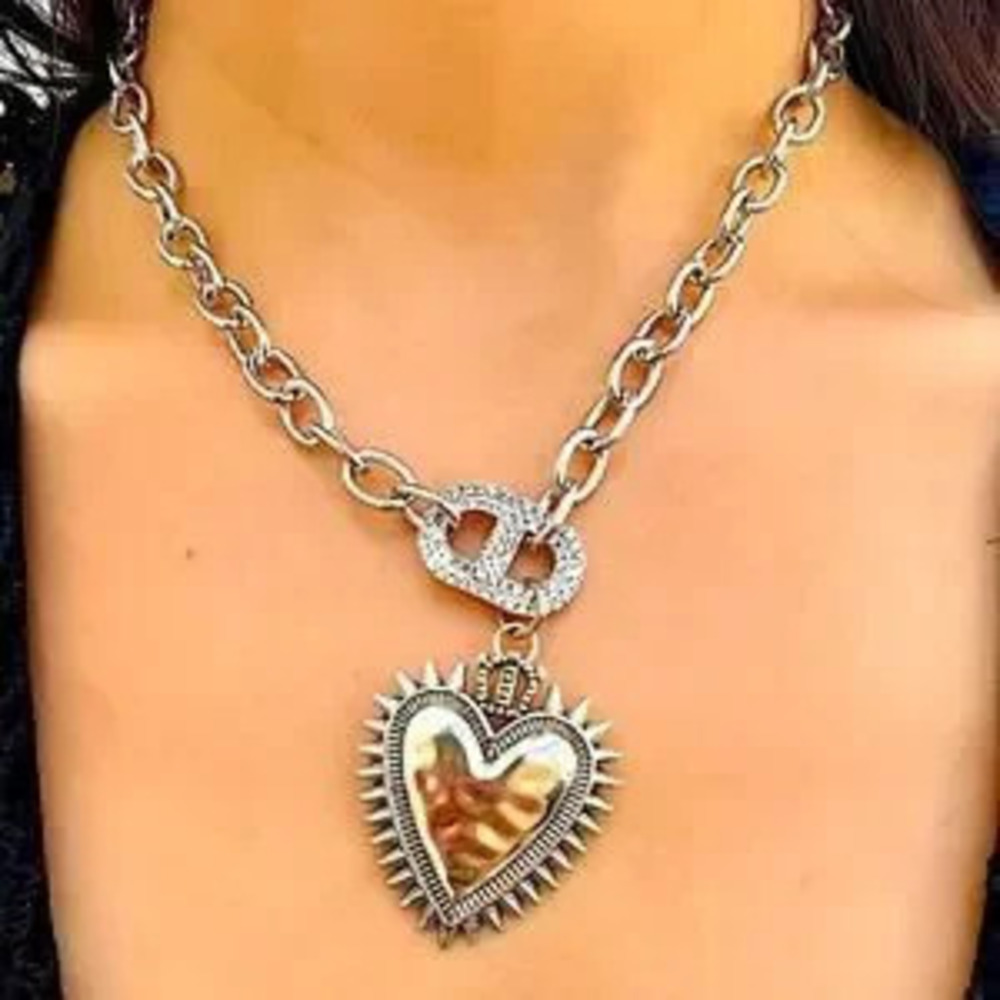 Silver Heart Pig nose Chain Link Necklace Boho Vintage Exaggerated Oversized